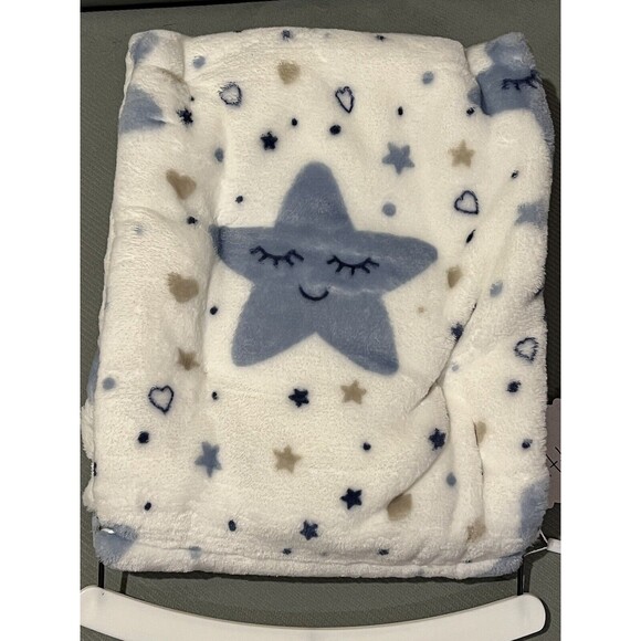 Little Honey Velvet Plush Baby Blanket Blue Stars Boys Lightweight White New - Picture 2 of 3